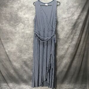 Soma Maxi Dress Size XL Navy White Striped Surplice Wrap Belted Ruffle Nautical